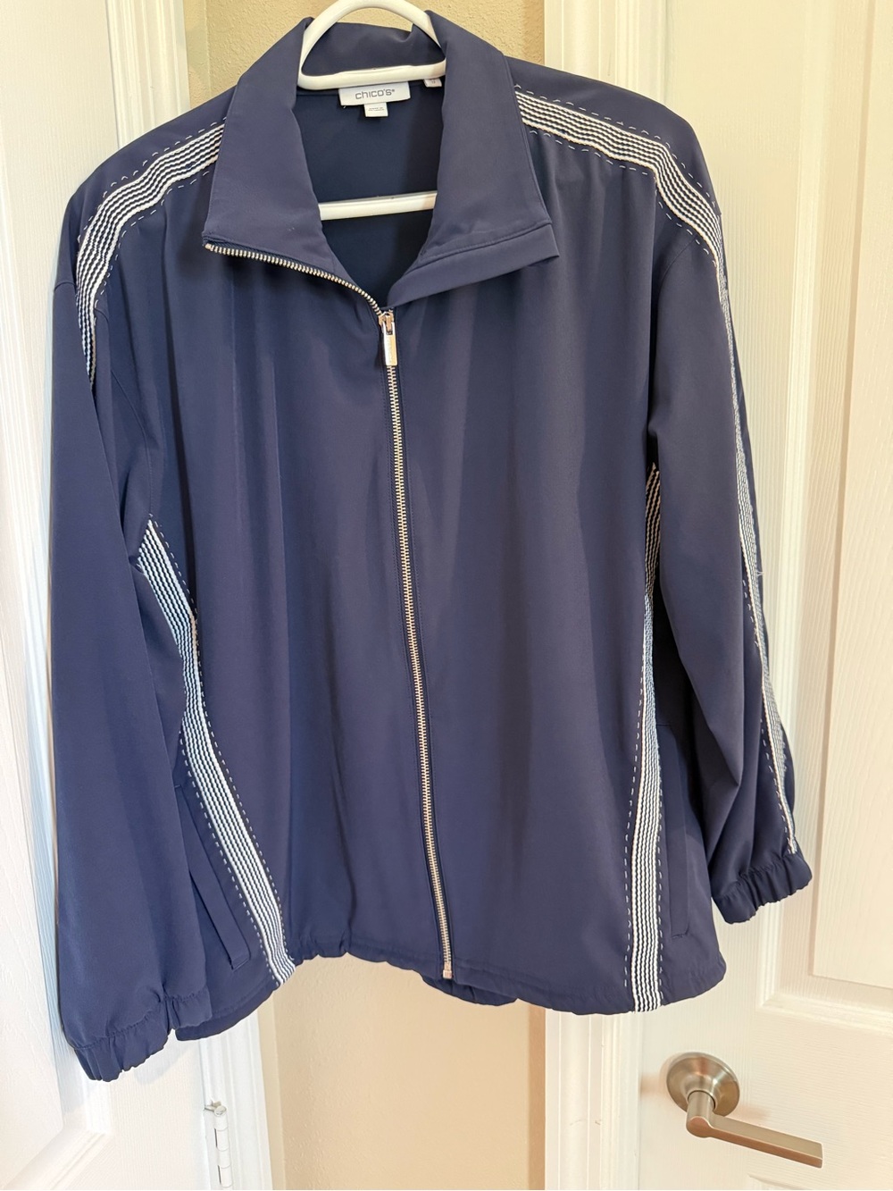 Chico's Navy Zip-Front Lightweight Bomber Jacket